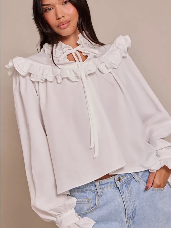 Tops - Ruffled Tie-Neck White Blouse